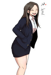 Rule 34 | 1girl, beautiful gunbari, black skirt, blue coat, braces, brown hair, chilong (heronas), closed eyes, coat, collared shirt, facing viewer, feet out of frame, full body, hands in pockets, highres, juri na, korean commentary, long hair, music, open mouth, shirt, simple background, singing, skirt, smile, solo, standing, teeth, upper teeth only, white background, white shirt