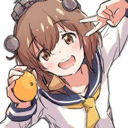 Rule 34 | 1girl, aruka, blue sailor collar, brown eyes, brown hair, commentary request, dress, food, from above, fruit, headset, holding, holding food, holding fruit, kantai collection, looking at viewer, neckerchief, open mouth, orange (fruit), round teeth, sailor collar, sailor dress, short hair, solo, speaking tube headset, teeth, upper body, upper teeth only, yellow neckerchief, yukikaze (kancolle)