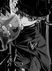 Rule 34 | 1boy, brooch, closed mouth, commentary request, crown, ghost, greyscale, hand on headwear, hand up, harami (tanakara 2), hat, highres, horns, jacket, jewelry, long sleeves, male focus, master detective archives: rain code, monochrome, one eye closed, open mouth, outdoors, rain, shinigami (ghost) (rain code), shinigami (rain code), short hair, smile, solo, standing, upper body, yuma kokohead