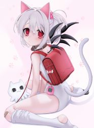 Rule 34 | 1girl, animal collar, animal ears, ass, backpack, bag, bandaid, bandaid on knee, bandaid on leg, bare arms, bare shoulders, blush, cat ears, cat tail, charm (object), collar, commentary request, from side, hair bobbles, hair ornament, highres, leash, looking at viewer, looking back, ompf, original, paw print, paw print background, paw print pattern, randoseru, red bag, red eyes, sitting, solo, striped, stuffed toy, tail, wariza, white legwear, wings