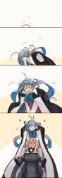 Rule 34 | 2girls, ahoge, bent over, blush, closed eyes, coat, comic, commentary request, dark-skinned female, dark skin, expressive hair, facing another, grey hair, highres, kantai collection, kiyoshimo (kancolle), long hair, multiple girls, musashi (kancolle), musashi kai ni (kancolle), on shoulder, open clothes, open coat, open mouth, silent comic, sitting, sitting on person, smile, tan background, twintails, very long hair, weidashming, white hair