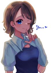 Rule 34 | 1girl, absurdres, alternate costume, blue eyes, blue shirt, blush, breasts, brown hair, cleavage, english text, highres, love live!, love live! sunshine!!, nail polish, ni4ki19, one eye closed, shirt, short hair, simple background, small breasts, smile, solo, watanabe you, wavy hair