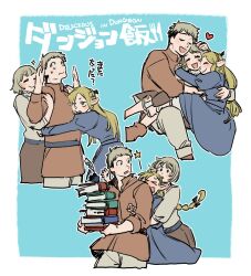 Rule 34 | 1boy, 2girls, blonde hair, blue background, book, brother and sister, carrying, closed eyes, dungeon meshi, elf, falin touden, falin touden (tallman), green eyes, group hug, heart, highres, holding, holding book, hug, laios touden, light blush, marcille donato, multiple girls, nichi (hibi suimin), pointy ears, siblings, sweatdrop, translated, white background, yellow eyes