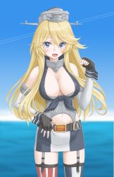 Rule 34 | 10s, 1girl, absurdres, asymmetrical legwear, belt, blonde hair, blue eyes, breasts, cleavage, contrail, day, elbow gloves, fingerless gloves, front-tie top, garter straps, gloves, hair between eyes, headgear, highres, iowa (kancolle), kantai collection, large breasts, miniskirt, mismatched legwear, open mouth, skirt, solo, standing, star-shaped pupils, star (symbol), striped clothes, striped thighhighs, symbol-shaped pupils, t2r, thighhighs, vertical-striped clothes, vertical-striped thighhighs