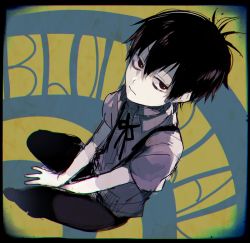 Rule 34 | 1boy, between legs, black hair, blood lad, bowtie, child, closed mouth, collared shirt, copyright name, looking at viewer, male focus, norita (noritttta), red eyes, simple background, solo, suspenders, vlad charlie staz, aged down