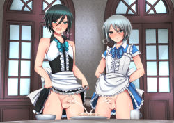 Rule 34 | 2boys, bar censor, blue eyes, blush, censored, clothes lift, crossdressing, cum, cum on food, dress, dress lift, ejaculation, green eyes, green hair, highres, lifted by self, maid, male focus, momoyama, multiple boys, no panties, open mouth, original, penis, short hair, silver hair, testicles, trap
