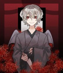Rule 34 | 1boy, blue wings, bow, end roll, framed, grey hair, hair between eyes, hair ornament, holding, holding knife, holding weapon, horns, iei, japanese clothes, kantera (end roll), kimono, knife, male focus, nazo smile, picture frame, plant, red eyes, short hair, smile, solo, weapon, wings