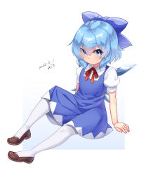 Rule 34 | 1girl, 2022, araki (qbthgry), blue background, blue bow, blue dress, blue hair, blush, border, bow, bowtie, breasts, brown footwear, cirno, closed mouth, collared shirt, commentary request, dress, eyelashes, eyes visible through hair, fingernails, gradient background, grey pantyhose, hair between eyes, highres, ice, ice wings, long fingernails, looking back, medium breasts, outside border, pantyhose, puffy short sleeves, puffy sleeves, red bow, red bowtie, shirt, shoes, short hair, short sleeves, sitting, solo, touhou, white background, white border, white shirt, wings