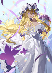Rule 34 | 1girl, :d, blonde hair, bouquet, breasts, cleavage, commentary, dress, elbow gloves, falken (yutozin), flower, gloves, hair between eyes, hat, highres, holding, holding bouquet, large breasts, long hair, looking at viewer, mob cap, open mouth, petals, purple eyes, smile, solo, touhou, wedding dress, white dress, white gloves, white hat, yakumo yukari