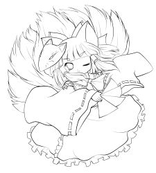 Rule 34 | 1girl, absurdres, animal ears, ascot, bow, cosplay, detached sleeves, eyebrows, female focus, fox ears, fox mask, fox tail, greyscale, hair bow, hair tubes, hakurei reimu, hakurei reimu (cosplay), highres, japanese clothes, kemonomimi mode, lineart, long hair, looking at viewer, mask, miko, monochrome, multiple tails, ofuda, one eye closed, short hair, so3fans, solo, tail, thick eyebrows, touhou, transparent background, wink, yakumo ran, yume shokunin