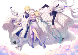 Rule 34 | 2boys, 2girls, :d, :o, arthur pendragon (fate), arthur pendragon (white rose) (fate), artoria pendragon (all), artoria pendragon (fate), black neckwear, black suit, blue neckwear, blush, breasts, capelet, cleavage, closed eyes, collarbone, commentary request, couch, dress, fate/grand order, fate/prototype, fate (series), flower, formal, fou (fate), green ribbon, hair between eyes, highres, large breasts, long hair, medium breasts, merlin (fate), merlin (fate/prototype), multiple boys, multiple girls, necktie, on couch, open mouth, partial commentary, purple dress, purple eyes, ribbon, rose, saber (fate), saber (formal dress) (fate), silver hair, sitting, smile, suit, tiara, tsuyukusa (eeta7273), white capelet, white dress, white suit