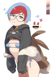 Rule 34 | 1girl, atte nanakusa, backpack, bag, bikini, bikini under clothes, black hoodie, blue hair, breasts, cowboy shot, creatures (company), eyepatch bikini, game freak, gen 3 pokemon, glasses, grey eyes, highres, hood, hoodie, long sleeves, looking at viewer, multicolored hair, nintendo, parted lips, penny (pokemon), plusle, pokemon, pokemon sv, red hair, short hair, simple background, sleeves past wrists, small breasts, solo, standing, swimsuit, two-tone hair, white background