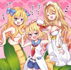 Rule 34 | 3girls, ^ ^, absurdres, ahoge, blonde hair, blue eyes, blush, bow, breasts, closed eyes, fang, hair bow, headpat, highres, jashin-chan, jashin-chan&#039;s mother, jashin-chan dropkick, lamia, large breasts, lierre, long hair, mmkaeo, monster girl, multiple girls, short shorts, shorts, sleeveless