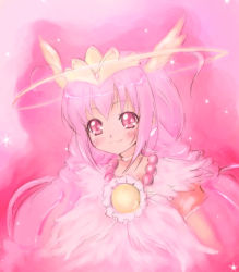 Rule 34 | 10s, 1girl, choker, cure happy, cure happy (princess form), halo, head wings, hoshizora miyuki, long hair, pink background, pink eyes, pink hair, pink theme, pokomi, precure, smile, smile precure!, solo, sparkle, tiara, twintails, ultra cure happy, white choker, wings