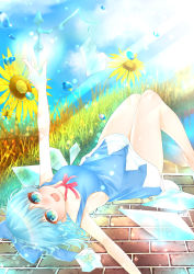 Rule 34 | 1girl, :d, absurdres, arm up, ayatokiji, bad id, bad pixiv id, bare arms, bare legs, barefoot, blue bow, blue dress, blue eyes, blue hair, blue sky, blush, bow, breasts, brick floor, cirno, cloud, cloudy sky, collarbone, commentary request, day, dress, eyelashes, eyes visible through hair, fingernails, flower, frozen flower, grass, hair between eyes, hair bow, highres, ice, ice wings, knees together feet apart, knees up, large breasts, looking at viewer, lying, magic, neck ribbon, no bra, no shirt, nose blush, on back, open mouth, outdoors, outstretched arms, parted lips, pinafore dress, red ribbon, ribbon, short eyebrows, short hair, sideboob, sky, sleeveless dress, smile, solo, summoning, sunflower, sunlight, thighs, touhou, water, water drop, wings