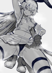 Rule 34 | 1girl, blush, breasts, clothes lift, covered erect nipples, elbow gloves, gloves, hagoromoo, hairband, heart, heart-shaped pupils, highleg, kantai collection, licking lips, lifted by self, long hair, looking at viewer, medium breasts, midriff, monochrome, navel, panties, partially visible vulva, pleated skirt, puffy nipples, sailor collar, school uniform, serafuku, shimakaze (kancolle), simple background, skirt, skirt lift, solo, spread legs, squatting, steaming body, striped clothes, striped thighhighs, symbol-shaped pupils, thighhighs, tongue, tongue out, underwear, white background