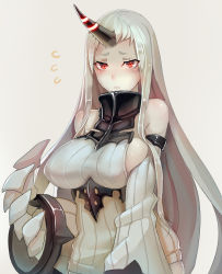 Rule 34 | 10s, 1girl, abyssal ship, bare shoulders, blush, breasts, claws, detached sleeves, dress, grey background, horns, kantai collection, large breasts, long hair, red eyes, ribbed dress, seaport princess, short dress, sideboob, silver hair, simple background, single horn, solo, walzrj