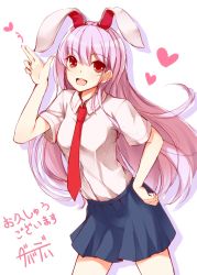 Rule 34 | 1girl, animal ears, bad id, bad pixiv id, blush, dabadhi, dress shirt, extra ears, heart, highres, long hair, looking at viewer, necktie, open mouth, pink hair, rabbit ears, red eyes, red necktie, reisen udongein inaba, shirt, simple background, skirt, smile, solo, touhou, translation request, white background