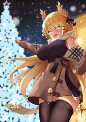 Rule 34 | + +, 1girl, azur lane, bare shoulders, black sweater, black thighhighs, blonde hair, blue eyes, brown coat, christmas, coat, coat dress, cross, dating, enpera, highres, laurel crown, long hair, looking at viewer, night, open mouth, outdoors, pointing, purple sweater, ribbed sweater, scarf, shinka (yonkun121), sleeveless, sleeveless sweater, smile, snowing, solo, sweater, taut sweater vest, thighhighs, victorious (azur lane), victorious (the goddess&#039; day off) (azur lane)