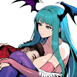 1boy 1girl animal_print bare_shoulders bat_wings breasts bridal_gauntlets capcom cleavage darkstalkers demon_girl depravedtsunami green_hair head_wings highres hug large_breasts leotard long_hair marvel marvel_vs._capcom morrigan_aensland peter_parker smile spider-man spider-man_(series) spider_print spider_web_print wings