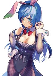 Rule 34 | 1girl, animal ears, aqua eyes, bare shoulders, black headband, black leotard, blue hair, blush, bow, bowtie, breasts, buttons, cleavage, closed mouth, detached collar, detached sleeves, fake animal ears, fishnet pantyhose, fishnets, hand on own hip, hand up, headband, highleg, highleg leotard, large breasts, leotard, long hair, looking at viewer, maria traydor, nail polish, pantyhose, playboy bunny, rabbit ears, simple background, solo, star ocean, star ocean anamnesis, star ocean till the end of time, vest, white background, wrist cuffs, yoruhachi
