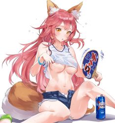 Rule 34 | alcohol, animal ears, areola slip, beer, blush, bracelet, clothes lift, denim, denim shorts, earrings, fanning self, fate/grand order, fate (series), hand fan, highres, jewelry, lifted by self, mhk (mechamania), navel, panties, pink hair, shirt lift, shorts, sitting, solo, sweatdrop, tail, tamamo (fate), tamamo no mae (fate/extra), tank top, underwear, yellow eyes