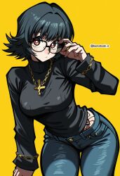 1girl absurdres black_hair blue_pants breasts brown_hair cowboy_shot denim glasses highres hunter_x_hunter komatsuki_n large_breasts medium_hair pants shizuku_murasaki solo twitter_username