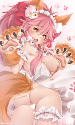 Rule 34 | 1girl, animal ear fluff, animal ears, animal hands, apron, ass, bare shoulders, bell, blush, bow, breasts, bridal garter, brown eyes, butt crack, cat hair ornament, censored, collar, fate/grand order, fate (series), fox ears, fox tail, hair bow, hair ornament, hands up, heart, heart-shaped pupils, heart censor, highres, kentchiro souriyadeth, large breasts, long hair, looking at viewer, looking back, maid headdress, nearly naked apron, neck bell, nipples, open mouth, paw print, pink hair, ponytail, saliva, solo, symbol-shaped pupils, tail, tamamo (fate), tamamo cat (fate), tamamo cat (third ascension) (fate), tamamo no mae (fate/extra), tongue, tongue out, twitter username, watermark