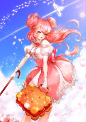 Rule 34 | 1girl, blush, bow, bubble skirt, buttons, cherry blossom cookie, cherry blossoms, cloud, contrail, cookie run, day, floating hair, frills, gloves, hair between eyes, holding, lens flare, light smile, lipstick, long hair, looking at viewer, makeup, outdoors, parasol, petals, pink eyes, pink hair, pink skirt, puffy short sleeves, puffy sleeves, ruck, short sleeves, skirt, sky, smile, solo, sparkle, standing, suitcase, twintails, two side up, umbrella, white gloves, wind