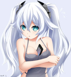 Rule 34 | 10s, 1girl, bad id, bad pixiv id, bare shoulders, between breasts, black heart (neptunia), blue eyes, blush, breasts, cellphone, cleavage, keenh, large breasts, long hair, neptune (series), noire (neptunia), phone, smartphone, solo, symbol-shaped pupils, twintails, white hair