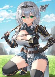 Rule 34 | 1girl, armor, armored boots, bad id, bad pixiv id, belt, belt buckle, black thighhighs, blue shirt, blue skirt, blue sky, blush, boots, bracer, braid, breasts, buckle, cleavage, closed mouth, cloud, collared shirt, day, full body, gloves, grass, greaves, green eyes, hair between eyes, hand on own hip, holding, holding weapon, hololive, kanaria hisagi, kneeling, large breasts, long sleeves, looking at viewer, mace, miniskirt, outdoors, pelvic curtain, pleated skirt, pouch, shirogane noel, shirogane noel (1st costume), shirt, short hair, silver hair, skirt, sky, smile, solo, strap, thighhighs, thighs, utility belt, virtual youtuber, weapon