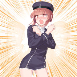 Rule 34 | &gt;:o, 10s, 1girl, :o, anchor, blew andwhite, blush, brown eyes, brown hair, buttons, clothes writing, crossed arms, dress, emphasis lines, hat, highres, kantai collection, long sleeves, open mouth, peaked cap, sailor dress, sailor hat, short hair, solo, sweatdrop, teeth, uniform, v-shaped eyebrows, when you see it, z3 max schultz (kancolle)