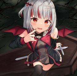 Rule 34 | absurdres, bad id, bad pixiv id, bare shoulders, bat wings, black thighhighs, bow, bowtie, branch, coffin, fang, gawr gura, halloween, highres, hololive, hololive english, multicolored hair, nail polish, night, orange eyes, sitting, solo, thighhighs, two-tone hair, virtual youtuber, white hair, wings, zeroillya