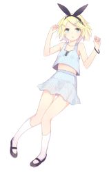 Rule 34 | 1girl, alternate costume, armband, bare shoulders, blonde hair, blue eyes, bow, buttons, checkered clothes, checkered shirt, checkered skirt, full body, hair bow, hair ornament, hairclip, kagamine rin, kojiki-life, mary janes, midriff, shirt, shoes, short hair, simple background, skirt, socks, solo, vocaloid, white background, white socks