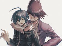 Rule 34 | 2boys, :d, ;d, ahoge, arm around neck, black hair, black jacket, blush, breast pocket, buttons, collared shirt, danganronpa (series), danganronpa v3: killing harmony, double-breasted, facial hair, fang, goatee, grey background, grin, hair between eyes, hand up, highres, jacket, long sleeves, looking at another, male focus, momota kaito, multiple boys, one eye closed, open mouth, pink jacket, pocket, purple eyes, purple hair, saihara shuichi, shirt, short hair, simple background, smile, spiked hair, teeth, upper teeth only, visket53