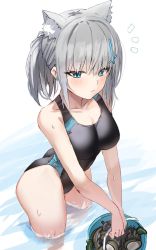 Rule 34 | 1girl, animal ear fluff, animal ears, bare arms, blue archive, blue eyes, blush, breasts, bright pupils, cleavage, cross hair ornament, extra ears, grey hair, hair ornament, highres, holding headgear, horn/wood, large breasts, long hair, looking at viewer, mismatched pupils, one-piece swimsuit, parted lips, partially submerged, ponytail, shiroko (blue archive), shiroko (swimsuit) (blue archive), solo, swimsuit, two-tone swimsuit, wading, water, wet, white pupils
