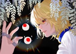 Rule 34 | 1boy, black background, blonde hair, from side, hand up, highres, hunter x hunter, kurapika, male focus, parted lips, plant, red eyes, shirt, solo, trap, wahoxz, white shirt