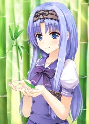 Rule 34 | 1girl, bamboo, bamboo forest, bamboo leaf, blue eyes, blue hair, blue vest, blush, bow, brown hairband, closed mouth, commentary request, day, fingernails, forest, frilled hairband, frills, hair intakes, hairband, hands up, holding, holding leaf, kitto sumiwataru asairo yori mo, leaf, long hair, mole, mole under eye, nature, outdoors, parted bangs, puffy short sleeves, puffy sleeves, purple bow, school uniform, shirt, shisoku norika, short sleeves, sidelocks, smile, solo, split mouth, straight hair, sunlight, upper body, very long hair, vest, white shirt, xiexianglg