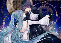 Rule 34 | 1boy, 1girl, aqua hair, ascot, backless dress, backless outfit, black coat, black gloves, blue background, blue eyes, blue hair, brooch, cendrillon (vocaloid), chain, clock, closed eyes, coat, commentary, dancing, dress, facing another, falling petals, flower, formal, frilled dress, frills, gears, gem, gloves, gold chain, hair flower, hair ornament, hand on another&#039;s shoulder, hatsune miku, highres, holding hands, ichimura satsuki, jewelry, kaito (vocaloid), lace, lace-trimmed dress, lace trim, looking at another, looking down, outstretched arm, petals, roman numeral, standing, twintails, upper body, vocaloid, white ascot, white dress, white gloves