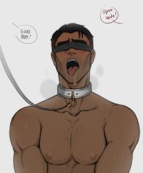 Rule 34 | 1boy, arcane: league of legends, blush, brown hair, chest hair, collar, collarbone, facing viewer, grey collar, highres, jayce (league of legends), league of legends, leash, male focus, open mouth, proxysart, saliva, shiny skin, short hair, speech bubble, teeth, tongue, tongue out, upper teeth only
