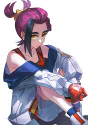 Rule 34 | 1boy, bare shoulders, black hair, blue socks, closed mouth, creatures (company), game freak, gloves, highres, jacket, kieran (pokemon), long sleeves, looking at viewer, male focus, multicolored hair, nintendo, off shoulder, open clothes, open jacket, pokemon, pokemon sv, purple hair, red gloves, red tank top, shoes, shorts, simple background, single glove, sitting, socks, solo, tank top, white background, white jacket, white shorts, white socks, wintersongdier, yellow eyes