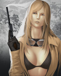 Rule 34 | 1girl, absurdres, adun madun, bikini, black bikini, black gloves, blonde hair, blue eyes, bra, breasts, cleavage, commentary, eva (metal gear), gloves, goggles, goggles around neck, gun, highres, holding, holding gun, holding weapon, jumpsuit, large breasts, long hair, long sleeves, looking to the side, mature female, metal gear (series), metal gear solid, metal gear solid 3: snake eater, open clothes, open jumpsuit, parted lips, smoke, smoking barrel, solo, swimsuit, underwear, weapon
