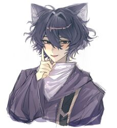 Rule 34 | 1boy, ahoge, animal ear fluff, black hair, blue hair, cat boy, chinese commentary, commentary request, dalabengba232, dark blue hair, hair between eyes, hair intakes, hand up, highres, hood, hood down, hooded robe, kemonomimi mode, long sleeves, male focus, open mouth, purple robe, robe, saibou shinkyoku, shirt, short hair, simple background, smile, solo, stole, utsugi noriyuki, white background, white shirt, wide sleeves