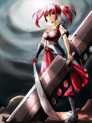 Rule 34 | 1girl, armor, armored dress, asymmetrical clothes, bad id, bad pixiv id, boots, dress, gauntlets, highres, huge weapon, koma, koma (wsgtt1300), original, pink eyes, pink hair, red dress, short hair, short twintails, solo, standing, sword, twintails, weapon