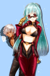 Rule 34 | 1boy, 1girl, anger vein, aqua hair, blue eyes, boots, breasts, can&#039;t be this cute, cleavage, cleavage cutout, clothing cutout, cropped jacket, cross, cross necklace, garter belt, garter straps, gloves, halterneck, halterneck, highres, jacket, jewelry, k&#039; (kof), kinako (nurupoga), kula diamond, long hair, looking over eyewear, looking over glasses, navel, necklace, nurupoga, open clothes, open jacket, parody, red eyes, short hair, silver hair, smile, snk, sunglasses, the king of fighters, thigh boots, thigh gap, thighhighs, tinted eyewear, translation request