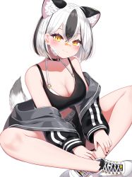 Rule 34 | 1girl, absurdres, animal ears, bare legs, bare shoulders, black choker, black hair, black nails, black shorts, blush, breasts, character request, choker, cleavage, copyright request, fox ears, fox tail, hair between eyes, highres, indian style, jacket, large breasts, long sleeves, looking at viewer, multicolored hair, nail polish, off shoulder, open clothes, open jacket, shoes, short hair, shorts, sitting, smile, sneakers, solo, sports bra, ssorasora, tail, virtual youtuber, white footwear, white hair, yellow eyes
