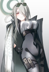 Rule 34 | 1girl, black gloves, black pants, blue archive, blush, breasts, coat, coat on shoulders, covered navel, eyewear on head, gloves, gradient background, grey hair, groin, hair over one eye, hair rings, halo, high-waist pants, holster, kangshi, large breasts, long bangs, looking at viewer, mina (blue archive), one eye covered, pants, red eyes, shirt, simple background, solo, striped, striped coat, sunglasses, thigh holster, white shirt