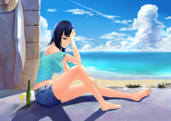Rule 34 | 1girl, bare shoulders, barefoot, beach, black hair, blue sky, bottle, cloud, cup, day, drinking glass, green eyes, hand on own head, hat, highres, light smile, long hair, nico robin, ocean, one piece, outdoors, shirt, shorts, sitting, sky, skyline, smile, solo, straw hat, t-shirt, wine bottle, wine glass