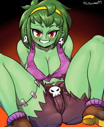 Rule 34 | 1girl, smile, absurdres, arms behind back, ass, bare shoulders, barefoot, blush, breasts, cameltoe, cleavage, colored skin, earrings, eyelashes, goat (hotaruman97), green hair, green skin, hairband, highres, jewelry, knees up, looking at viewer, no bra, red eyes, rottytops, shantae (series), short hair, sitting, skull earrings, smile, solo, spread legs, stitches, tank top, teeth, zombie