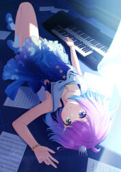 Rule 34 | 1girl, absurdres, blue dress, bracelet, candy hair ornament, closed mouth, crescent, crescent necklace, crescent print, crown, dress, food-themed hair ornament, green eyes, hair ornament, hairclip, heterochromia, highres, himemori luna, himemori luna (sundress), hololive, instrument, iruto, jewelry, keyboard (instrument), knee up, looking at viewer, lying, medium hair, mini crown, necklace, off shoulder, official alternate costume, official alternate hair length, official alternate hairstyle, on back, on floor, print dress, purple eyes, sailor collar, sailor dress, shoes, sleeveless, smile, socks, solo, starry sky print, tilted headwear, upside-down, virtual youtuber, white sailor collar, white socks